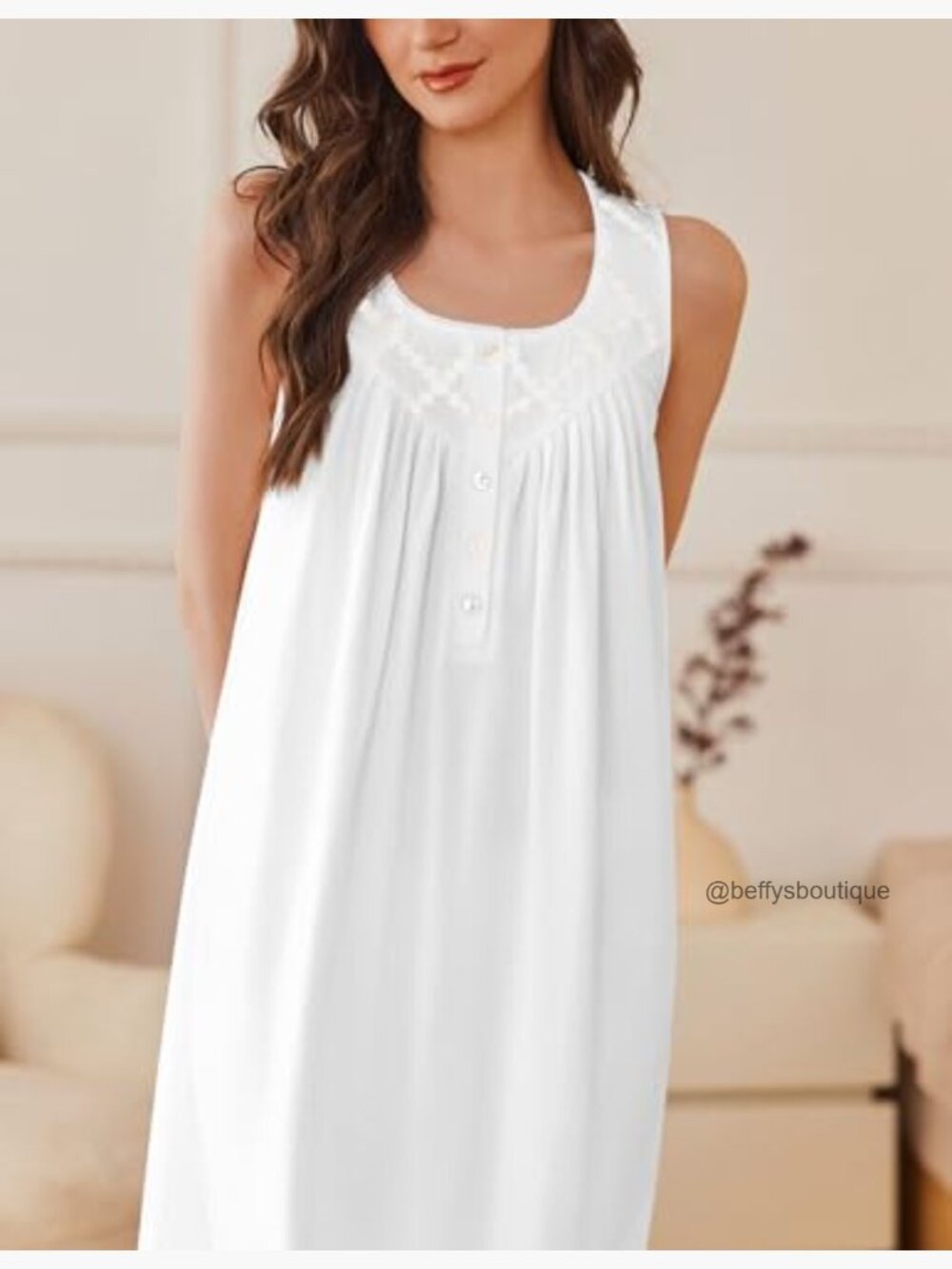 Women's Cotton Sleeveless Nightgown Victorian Sleep Dress Lounge Wear - Picture 2 of 7